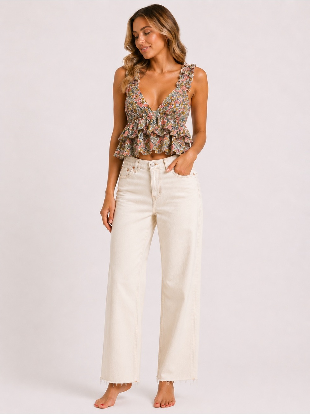 Emory Park Floral Ruffle Strap Peplum Crop Top Cottagecore | NWT Size M